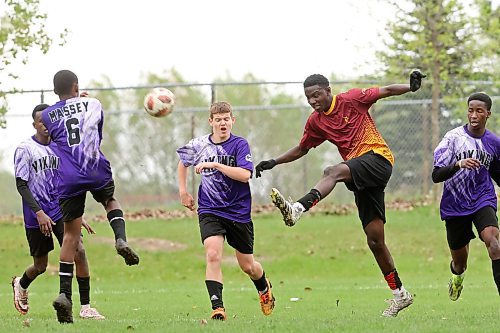 21052025
Eric Oki #10 of the Crocus Plainsmen kicks the ball during the high school boys soccer final against the Vincent Massey Vikings at Crocus Plains Regional Secondary School on Wednesday.
(Tim Smith/The Brandon Sun)