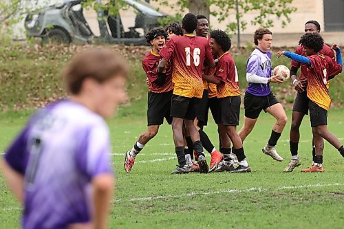21052025
Crocus Plainsmen players celebrate a goal during the high school boys soccer final against the Vincent Massey Vikings at Crocus Plains Regional Secondary School on Wednesday. 
(Tim Smith/The Brandon Sun)