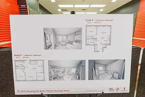 MIKE DEAL / FREE PRESS
Renderings of what some of the units will look like in the residential tower that will be built on the west end of the property. They were on display during an open house hosted by the architects.
Visible signs that True North is making progress on the redevelopment of Portage Place Shopping Centre have arrived and soon access to the building will be shifted to allow for the removal of the Clocktower atrium. The main mall area will still be accessible, including access to Prairie Theatre Exchange, but the main access from Portage Avenue will move to the entrance at Portage and Kennedy Street. The entrances at Portage and Edmonton and Portage and Carlton will be closed as well as the skywalk at the Carlton Street intersection. The Parkade entrance and exit on Carlton will be closed. These changes will start in July and continue for three years.
Reporter: Malak Abas
250526 - Monday, May 26, 2025.