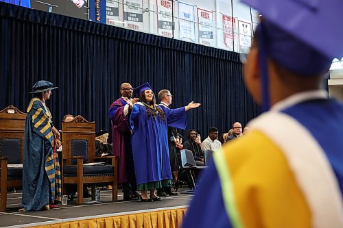 29052025
Aimee Schmidt blows a kiss to supporters in the crowd while receiving a Brandon University silver medal for Computer Science while on stage to receive her diploma during Brandon University’s convocation for the Faculty of Science and the School of Music at the BU Healthy Living Centre on Thursday morning.
(Tim Smith/The Brandon Sun)