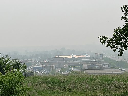 Smoke covers the north of the Corral Centre on Saturday morning. The Air Quality Health Index (AQHI) for Brandon reaches 10+, indicating a "very high risk" level, on Saturday morning, as thick smoke is expected to hang in the air till Saturday night. (Perry Bergson/The Brandon Sun)