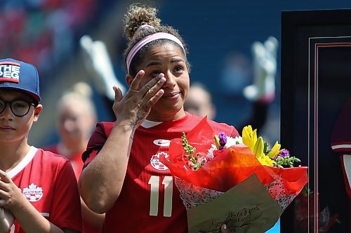 Daniel Crump / Winnipeg Free Press. Team Canadaճ Desiree Scott is honoured with a special ceremony before her final match. The Canadian womenճ national soccer team plays Haiti at Winnipeg Stadium. May 31, 2025.