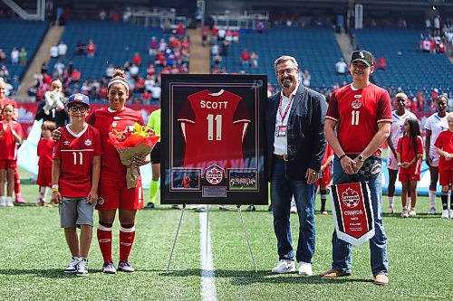 Daniel Crump / Winnipeg Free Press. Team Canadaճ Desiree Scott is honoured with a special ceremony before her final match. The Canadian womenճ national soccer team plays Haiti at Winnipeg Stadium. May 31, 2025.