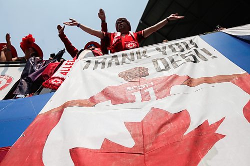 Daniel Crump / Winnipeg Free Press. Fans cheer the Canadian womenճ national soccer team and Desiree Scott (11) as they take on Haiti at Winnipeg Stadium. This is team captain and long time Canada player Desiree Scottճ final match for the national team. May 31, 2025.