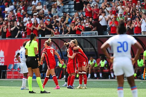 Daniel Crump / Winnipeg Free Press. Team Canadaճ Desiree Scott (11) leaves the pitch for the last time after being subbed off during the second half of a game against Haiti at Winnipeg Stadium. May 31, 2025.