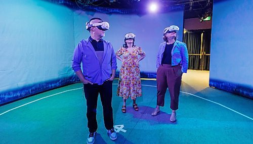 MIKE DEAL / FREE PRESS
(From left); Adam Olsen (SȾHENEP), Lead Negotiator and Member, Tsartlip First Nation, Rebecca Brushett, Marine Planning and Engagement Coordinator, Ecology Action Centre, and Julia Laforge, Protected Areas Policy Manager, Nature Canada, with AR goggles on during the preview of Critical Distance at the Manitoba Museum Tuesday morning.
Nature Canada and the Manitoba Museum holds a preview Tuesday morning in the Science Discovery Centre at the Manitoba Museum of Critical Distance, a groundbreaking augmented reality (AR) experience that immerses visitors in the world of the endangered Southern Resident Killer Whales of the Salish Sea on Canada’s West Coast.
Reporter: AV Kitching
250603 - Tuesday, June 03, 2025.