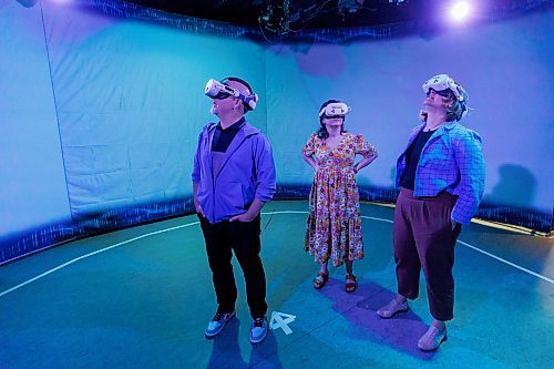 MIKE DEAL / FREE PRESS
(From left); Adam Olsen (SȾHENEP), Lead Negotiator and Member, Tsartlip First Nation, Rebecca Brushett, Marine Planning and Engagement Coordinator, Ecology Action Centre, and Julia Laforge, Protected Areas Policy Manager, Nature Canada, with AR goggles on during the preview of Critical Distance at the Manitoba Museum Tuesday morning.
Nature Canada and the Manitoba Museum holds a preview Tuesday morning in the Science Discovery Centre at the Manitoba Museum of Critical Distance, a groundbreaking augmented reality (AR) experience that immerses visitors in the world of the endangered Southern Resident Killer Whales of the Salish Sea on Canada’s West Coast.
Reporter: AV Kitching
250603 - Tuesday, June 03, 2025.