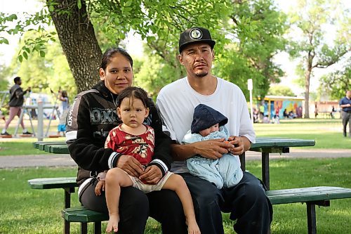 04062025
Dakota Colomb, Trentt Hart and their children Athena and Appolo Hart, are currently evacuated from Marcel Colomb First Nation’s Black Sturgeon Falls Reserve and took part in the Oyate Wacipi People’s Powwow Group weekly meetup at Stanley Park on Wednesday evening.
(Tim Smith/The Brandon Sun)