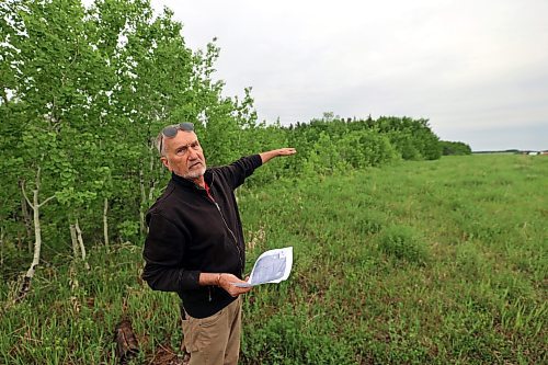David Pedersen, a pilot who advocates for airports in the southern prairies, stands at the International Peace Garden Airport on the border with the United States. He points to an area that is proposed for a new development at the airport. While the United States performs work on its side of the airport, Pedersen wants the province to strike a deal to expand the Canadian side into surrounding grass and bush area. Without investment, the Canadian side will be decommissioned in eight to 15 years. (Connor McDowell/Brandon Sun)