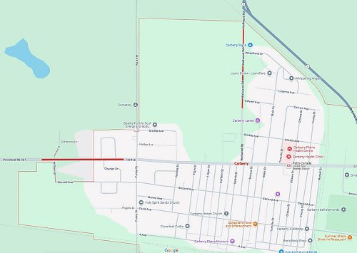 An illustration using Google Maps shows the affected sections of First Avenue and Wellwood Road in Carberry, outlined in red. Carberry Town Council applied to the province for speed limit reductions to 50 km/h more than five years ago and is still waiting for an answer. (The Brandon Sun)