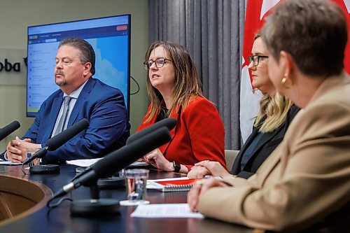 MIKE DEAL / FREE PRESS
(From left) Natural Resources and Indigenous Futures Minister Ian Bushie, Kristin Hayward, assistant deputy minister, Conservation Officer Service and Manitoba Wildfire Service, Christine Stevens, assistant deputy minister, Manitoba Emergency Management Organization, and Transportation and Infrastructure Minister Lisa Naylor, hold a wildfire update press conference at the Manitoba Legislative Building Thursday afternoon.
Reporter: Chris Kitching
250605 - Thursday, June 05, 2025.