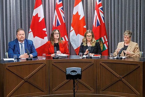 MIKE DEAL / FREE PRESS
(From left) Natural Resources and Indigenous Futures Minister Ian Bushie, Kristin Hayward, assistant deputy minister, Conservation Officer Service and Manitoba Wildfire Service, Christine Stevens, assistant deputy minister, Manitoba Emergency Management Organization, and Transportation and Infrastructure Minister Lisa Naylor, hold a wildfire update press conference at the Manitoba Legislative Building Thursday afternoon.
Reporter: Chris Kitching
250605 - Thursday, June 05, 2025.