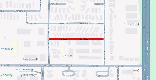 An illustration using Google Maps of Lee Lane, denoted in red. The road used used to be a city lane, with Brandon city council approving the change at its April 7 council meeting. (The Brandon Sun)