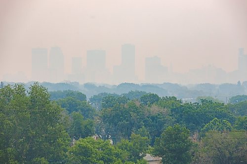 MIKE DEAL / FREE PRESS
A smoke leaden Winnipeg skyline as seen from Garbage Hill (Westview Park) early Monday morning.
Standup
250602 - Monday, June 02, 2025.