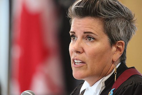 Honourable Suzanne Carrire speaks to the 102 soon-to-be Canadian citizens about their new rights and responsibilities during the citizenship ceremony. (Matt Goerzen/The Brandon Sun)
