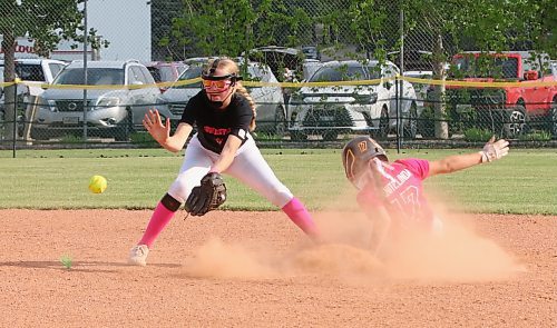 Under-15 Westman Magic baserunner Lily Wells (17) arrives just ahead of the ball to steal second base as Southeast Sun Devils shortstop Kelci Sorstad catches the throw from the plate. (Perry Bergson/The Brandon Sun)
June 7, 2025