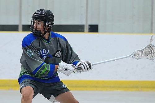 Walker Kempthorne of the Wheat City Wranglers U15 team winds up for a shot against the Winnipeg Falcons. The Wranglers won 5-1 on Saturday in Rivers and have just one more league game this Wednesday before playoffs get underway next weekend. (Matt Packwood/The Brandon Sun) June 7, 2025