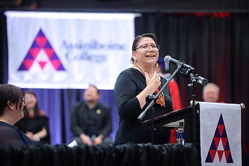 13062025
Indigenous Services Officer Crystal Bunn delivers an emotional address to the graduating students from Assiniboine College’s Peters School of Business and Russ Edwards School of Agriculture and Environment while introducing the Dakota Hostiles Drum Group to perform an Honour Song during the graduation ceremony on Friday morning. 
(Tim Smith/The Brandon Sun)