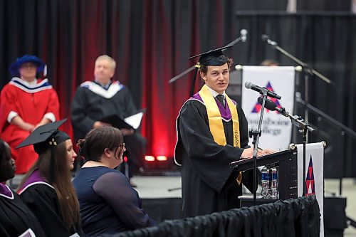 13062025
Aidyn Pearce delivers the Valedictory Address during the Assiniboine College graduation ceremony for the Peters School of Business and Russ Edwards School of Agriculture and Environment on Friday morning.
(Tim Smith/The Brandon Sun)