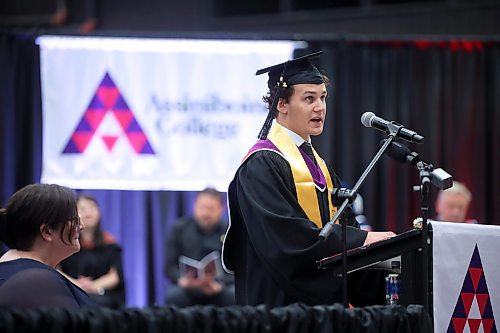 13062025
Aidyn Pearce delivers the Valedictory Address during the Assiniboine College graduation ceremony for the Peters School of Business and Russ Edwards School of Agriculture and Environment on Friday morning.
(Tim Smith/The Brandon Sun)