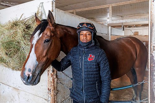 MIKE DEAL / FREE PRESS
Jockey Damario Bynoe the leading rider who won five races this week with JJ&#x2019;s American Diva who he will be riding during this coming Monday&#x2019;s race at Assiniboia Downs.
Reporter: George Williams
250620 - Friday, June 20, 2025.