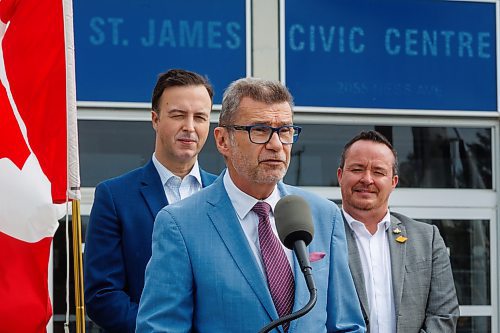 MIKE DEAL / FREE PRESS
Doug Eyolfson, MP for Winnipeg West, speaks while, Adrien Sala (left), Provincial Minister of Finance, and Logan Oxenham (right), MLA for Kirkfield Park listen.
Winnipeg Mayor Scott Gillingham along with other special guests including; Doug Eyolfson, MP for Winnipeg West, Logan Oxenham, MLA for Kirkfield Park, Adrien Sala, Provincial Minister of Finance, Councillor Vivian Santos, Chairperson of the Standing Policy Committee on Community Services, Councillor Shawn Dobson, St. James, and Connie Newman, Director-at-Large, St. James Assiniboia 55+ Centre, for the official start of construction for the expansion of the St. James Civic Centre at 2055 Ness Avenue, Friday morning.
Reporter: Joyanne Pursaga
250620 - Friday, June 20, 2025.