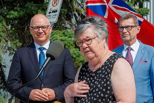 MIKE DEAL / FREE PRESS
Connie Newman, Director-at-Large, St. James Assiniboia 55+ Centre,speaks while Mayor Gillingham and MP Doug Eyolfson listen.
Winnipeg Mayor Scott Gillingham along with other special guests including; Doug Eyolfson, MP for Winnipeg West, Logan Oxenham, MLA for Kirkfield Park, Adrien Sala, Provincial Minister of Finance, Councillor Vivian Santos, Chairperson of the Standing Policy Committee on Community Services, Councillor Shawn Dobson, St. James, and Connie Newman, Director-at-Large, St. James Assiniboia 55+ Centre, for the official start of construction for the expansion of the St. James Civic Centre at 2055 Ness Avenue, Friday morning.
Reporter: Joyanne Pursaga
250620 - Friday, June 20, 2025.