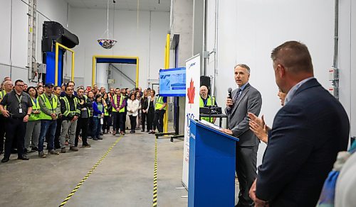 Ruth Bonneville / Free Press
Biz Boeing Expansion
Photo of Al Meinzinger, Boeing Canada’s president, speaking at the unveiling of their new building expansion Tuesday.
Story: Boeing unveiled a 12,000 sq. ft. building expansion at its Winnipeg facility which is already the biggest Boeing plant in Canada.
The expansion included a 7,250 square-foot freezer, double the sites existing freezer, for storing composite materials at -23 celsius.
See story by Gabby
June 24th, 2025