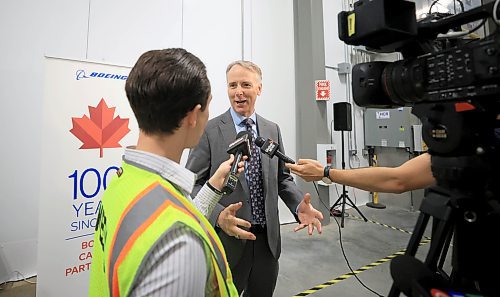 Ruth Bonneville / Free Press
Biz Boeing Expansion
Photo of Al Meinzinger, Boeing Canada’s president, speaking to the media at the unveiling of their new building expansion Tuesday.
Story: Boeing unveiled a 12,000 sq. ft. building expansion at its Winnipeg facility which is already the biggest Boeing plant in Canada.
The expansion included a 7,250 square-foot freezer, double the sites existing freezer, for storing composite materials at -23 celsius.
See story by Gabby
June 24th, 2025