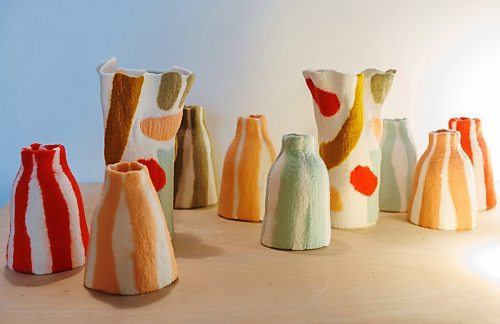 MIKE DEAL / FREE PRESS
Some of Christie’s Cirque vases and a couple of newly designed felt vases.
Christie Peters of Margaret Jane Design in her studio.
Christie Peters makes felted flowers and felted vases as well as wall hanging pieces.
Reporter: AV Kitching
250625 - Wednesday, June 25, 2025.