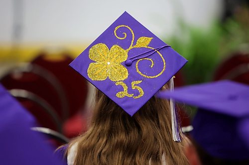 One of many graduates with decorated mortarboards takes part in Vincent Massey High School’s 2025 graduation ceremony at Westoba Place on Monday. (Tim Smith/The Brandon Sun)