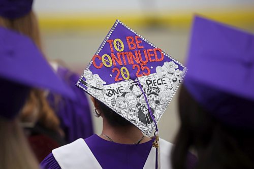 One of many graduates with decorated mortarboards takes part in Vincent Massey High School’s 2025 graduation ceremony at Westoba Place on Monday. (Tim Smith/The Brandon Sun)