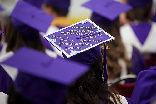 One of many graduates with decorated mortarboards takes part in Vincent Massey High School’s 2025 graduation ceremony at Westoba Place on Monday. (Tim Smith/The Brandon Sun)