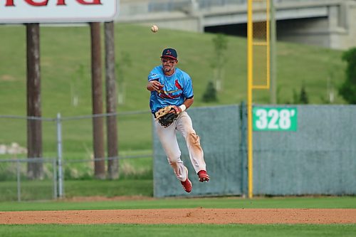 Brandon RFNOW Cardinals shortstop Buddy Mayert throws over to first for an out in the fourth inning of Friday night's South West Baseball League game at Andrews Field. (Matt Packwood/The Brandon Sun)
