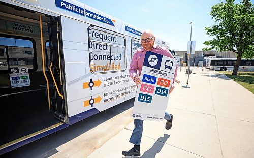 Ruth Bonneville / Free Press
49.8 - transit
Fun phot of Bjorn Radstrom, Manager of Transit Service Development, aka the Transit Czar, with one of the new signs going up for the new transit system.
For story on Radstrom, the top planner behind the new bus system and how his grand plan for a completely new transit system in Winnipeg.
Reporter: Conrad Sweatman
June 20th, 2025