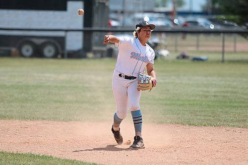 Brandon Marlins 13U AAA shortstop Emmitt Bell throws to first to record an out against Pembina Hills in Sunday's game at Simplot Millenium Park. (Matt Packwood/The Brandon Sun) June 29, 2025
