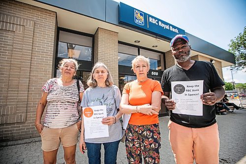 MIKAELA MACKENZIE / FREE PRESS
	
Concerned residents Ella (left), Lynne Somerville, Cheryl Martens, and Ralph Bryant at the RBC on Sargent Avenue, which is slated to close, in Winnipeg on Monday, June 30, 2025.

For Gabby story.
Winnipeg Free Press 2025