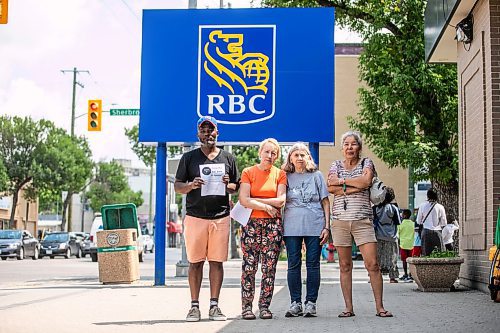 MIKAELA MACKENZIE / FREE PRESS
Concerned residents Ralph Bryant (left), Cheryl Martens, Lynne Somerville, and Ella at the RBC on Sargent Avenue, which is slated to close, in Winnipeg on Monday, June 30, 2025.
For Gabby story.
Winnipeg Free Press 2025