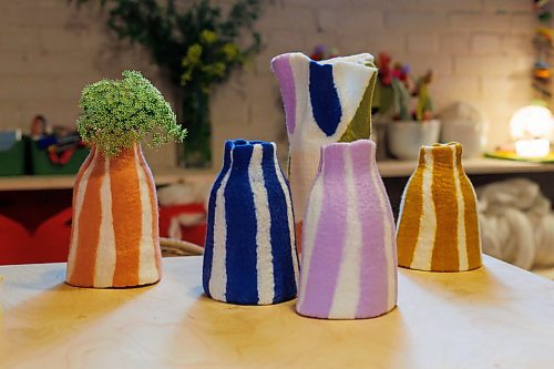 MIKE DEAL / FREE PRESS
Some of Christie’s Cirque vases.
Christie Peters of Margaret Jane Design in her studio.
Christie Peters makes felted flowers and felted vases as well as wall hanging pieces.
Reporter: AV Kitching
250625 - Wednesday, June 25, 2025.
