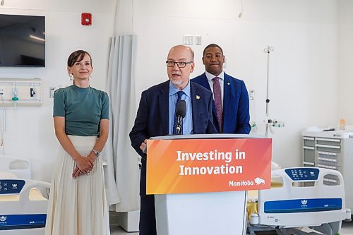 MIKE DEAL / FREE PRESS
Innovation and New Technology Mike Moroz, Business, Mining, Trade and Job Creation Minister Jamie Moses (right) and Advanced Education and Training Minister Renée Cable (left) announce during a press conference at the RRC Simulation Centre, that the provincial government is launching a new clinical trials office to fast-track health research and announcing the new Research Improvements Through Harmonization in Manitoba (RITHIM) project to grow Manitoba’s bioscience sector.
Reporter: Aaron Epp
250702 - Wednesday, July 02, 2025.