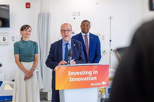 MIKE DEAL / FREE PRESS
Innovation and New Technology Mike Moroz, Business, Mining, Trade and Job Creation Minister Jamie Moses (right) and Advanced Education and Training Minister Renée Cable (left) announce during a press conference at the RRC Simulation Centre, that the provincial government is launching a new clinical trials office to fast-track health research and announcing the new Research Improvements Through Harmonization in Manitoba (RITHIM) project to grow Manitoba’s bioscience sector.
Reporter: Aaron Epp
250702 - Wednesday, July 02, 2025.