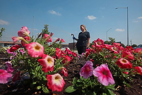 Housekeeping worker Maryna Fisun of Ukraine waters flowers outside the Travelodge on 18th Street North in Brandon on Tuesday. (Tim Smith/The Brandon Sun)
