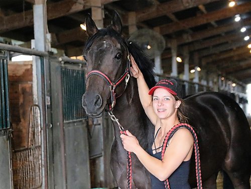 George Williams / Free Press
Groom Kayla Matyas in trainer Tom Gardipy, Jr.'s barn with Tuesday's 
Hazel Wright Sire Stakes winner Nikkitysplit.