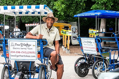 MIKAELA MACKENZIE / FREE PRESS
Chad Celaire, owner of Bee2gether Bikes, with the new electric group touring bikes at Assiniboine Park on Monday, July 14, 2025. Bee2gether Bikes is unrolling Bee2gether Electric Surrey Tours, which are new guided tours of the park.
For Gabby story.
Winnipeg Free Press 2025