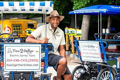 MIKAELA MACKENZIE / FREE PRESS
Chad Celaire, owner of Bee2gether Bikes, with the new electric group touring bikes at Assiniboine Park on Monday, July 14, 2025. Bee2gether Bikes is unrolling Bee2gether Electric Surrey Tours, which are new guided tours of the park.
For Gabby story.
Winnipeg Free Press 2025