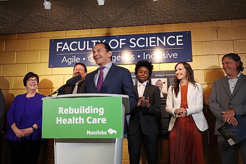 Manitoba Premier Wab Kinew speaks during an announcement at Brandon University’s Brodie Science Centre on Wednesday. (Tim Smith/The Brandon Sun)