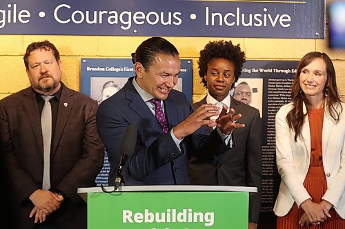 Premier Wab Kinew reacts while sparring with a reporter over the vacant Spruce Woods riding seat after an announcement at Brandon University’s Brodie Science Centre on Wednesday. (Tim Smith/The Brandon Sun)