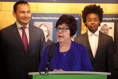 As Manitoba Premier Wab Kinew and Health Minister Uzoma Asagwara look on, Joanne Maier, associate dean for the Max Rady College of Medicine, Brandon Satellite Program, speaks during an announcement at Brandon University’s Brodie Science Centre last week. The government announced money for upgrades to BU’s science building and a plan to add doctor training seats at the university.
(Tim Smith/The Brandon Sun)