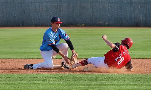 Brandon Cardinals shortstop Paycen Warkentin (8) puts the tag on Boissevain Centennials base runner Tyson Pringle (26) during Game 2 of their best-of-five South West Baseball League semifinal at Andrews Field on Thursday evening. (Perry Bergson/The Brandon Sun)
July 17, 2025