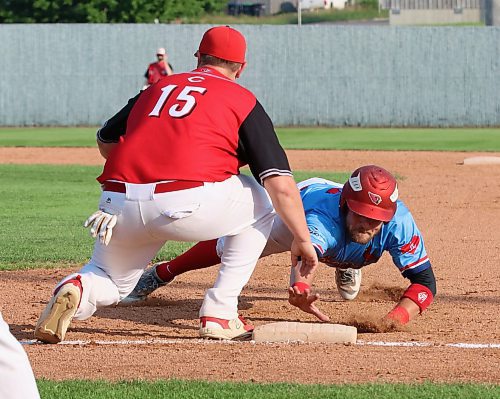 Brandon Cardinals base runner Michael Butler (6) successfully dives back to the bag as Boissevain Centennials first baseman Skylar Canada (15) lays down a tag on the pickoff attempt during Game 2 of their best-of-five South West Baseball League semifinal at Andrews Field on Thursday evening. (Perry Bergson/The Brandon Sun)
July 17, 2025